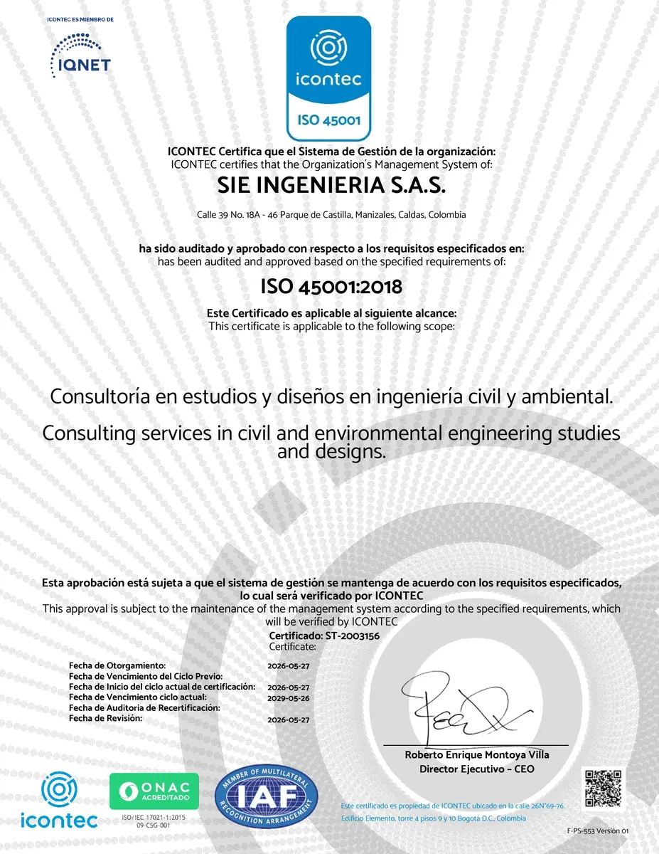 Primera página del certificado ICONTEC ISO 45001:2018 de SIÉ Ingeniería